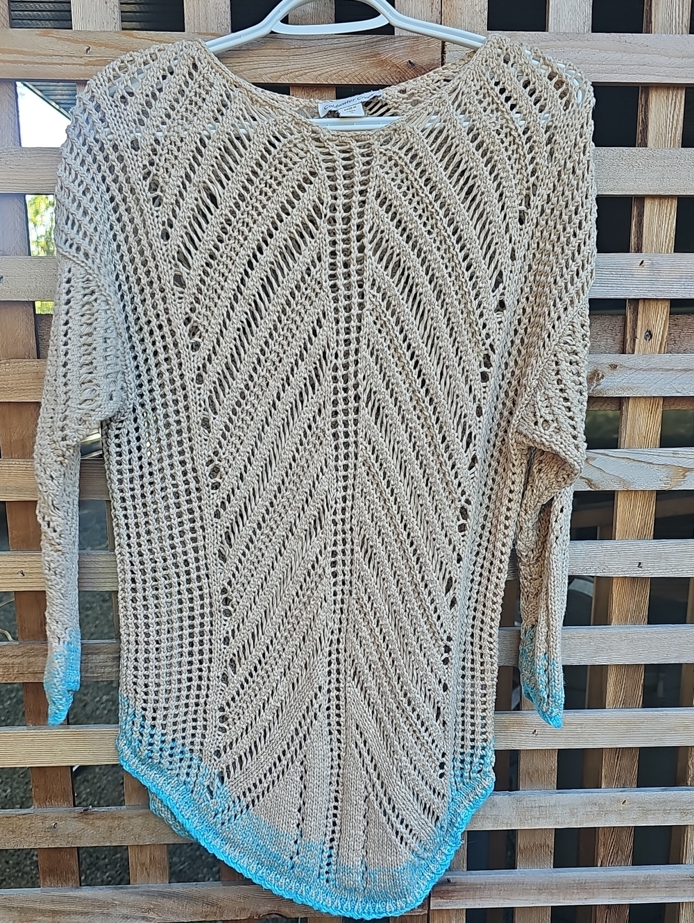 Coldwater Creek Beige Open-Knit Scoopneck Sweater with Blue Trim